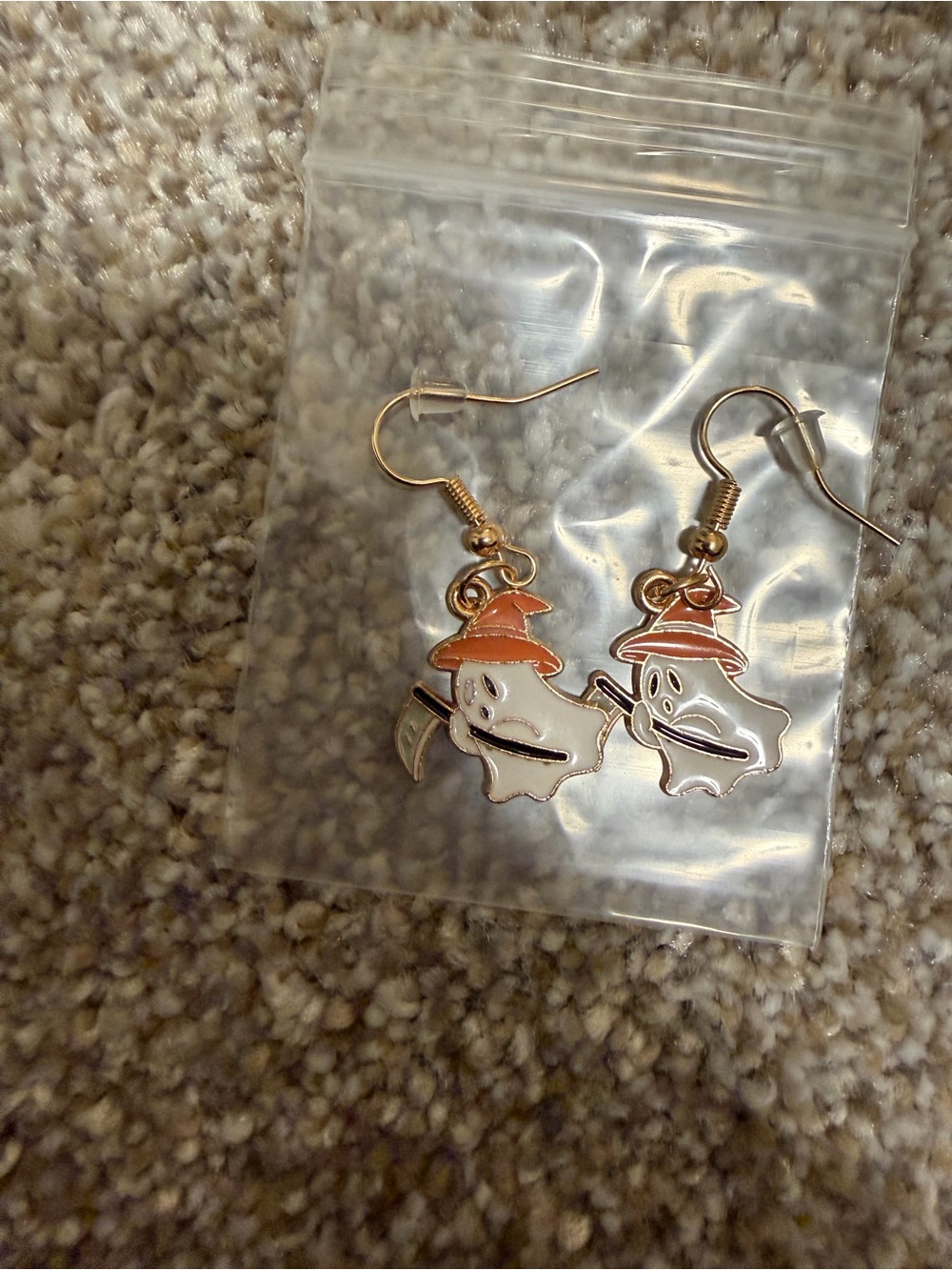 Cute White Ghost Witch Drop Earrings - Gold Tone